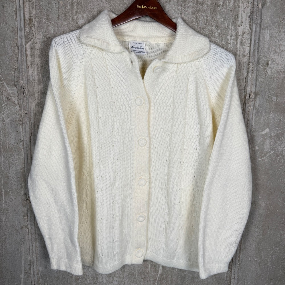 Vintage 60s Cream Acrylic Knit Cardigan Peter Pan Collar Button Front Japan WPL - Picture 1 of 5